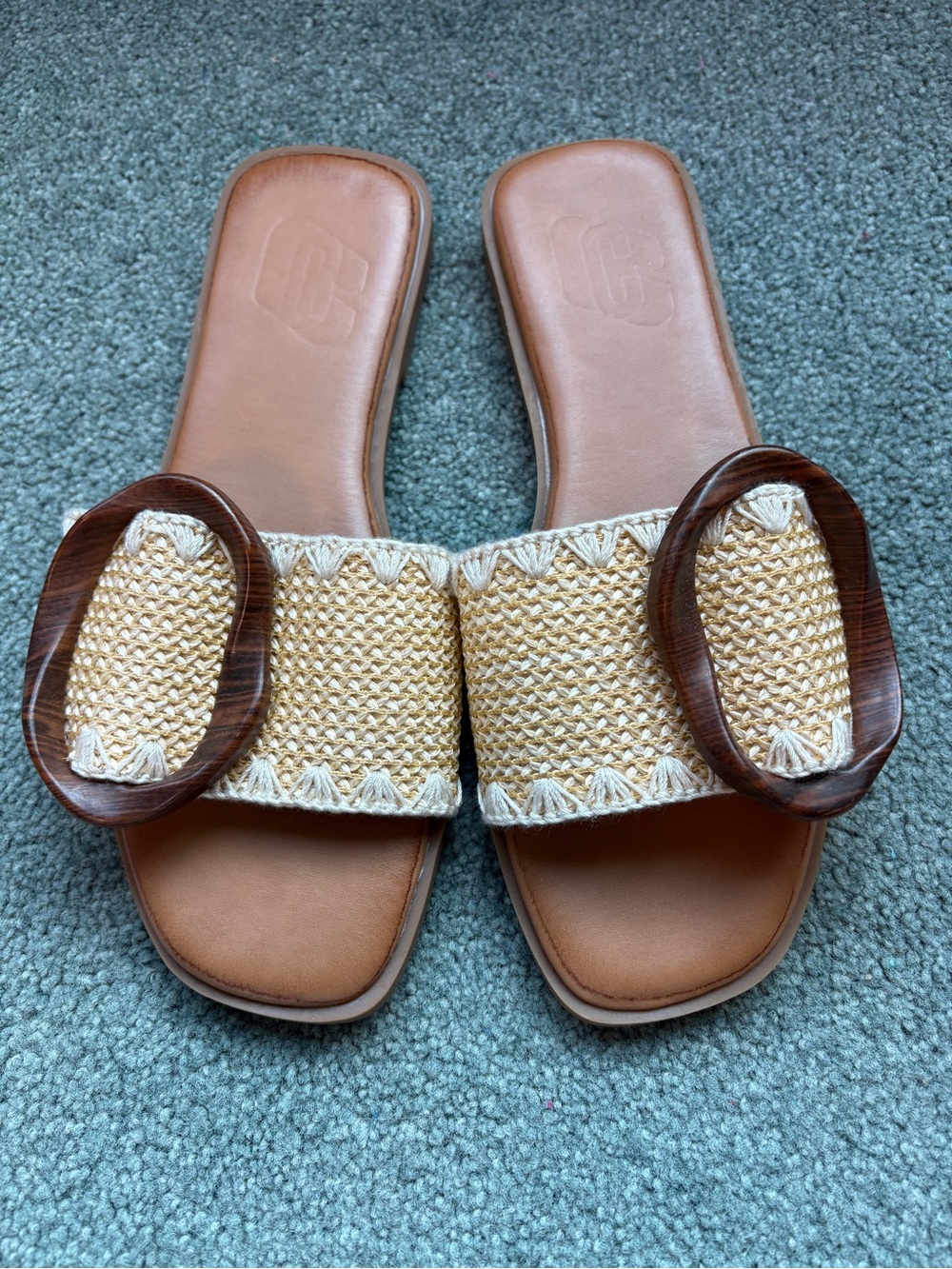 Women's Beige Woven Slide Sandals with Tortoise Buckle - Picture 3 of 3